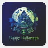 Groene Paarse Gotische Spookhuis Happy Halloween Vierkante Sticker (Voorkant)