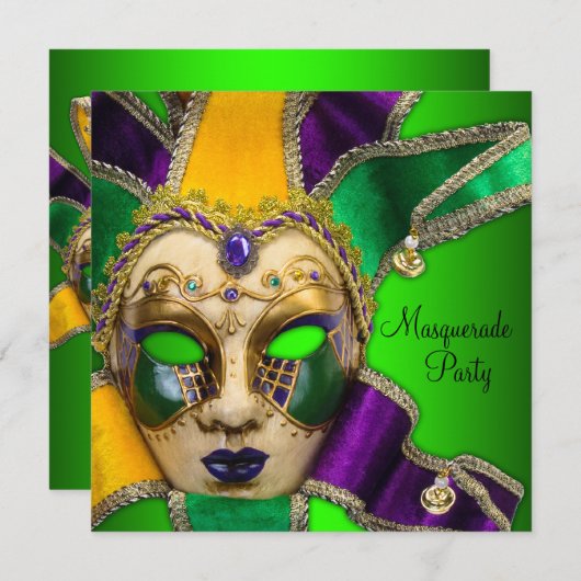 Groene Paarse gouden maskerade uitnodigingen (Voorkant / Achterkant)