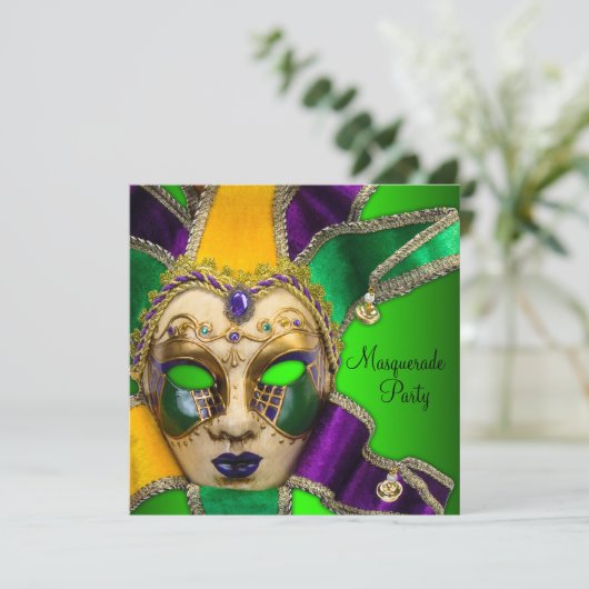 Groene Paarse gouden maskerade uitnodigingen (Staand voorkant)