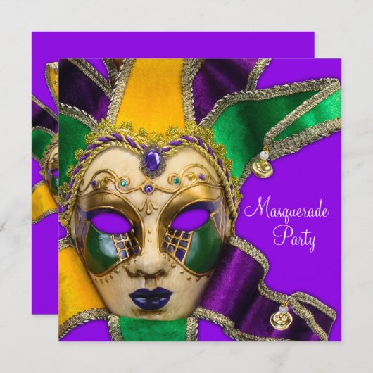 Groene Paarse gouden maskerade uitnodigingen (Voorkant / Achterkant)