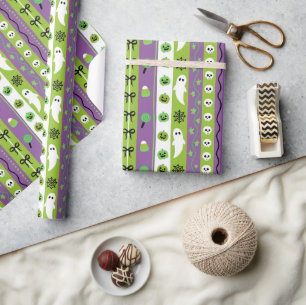 Groene Paarse Halloween Patroon Wrapping Paper Rol Cadeaupapier