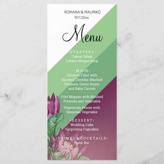 Groene Paarse Koningsprotea Aquarel Kunst Menu (Voorkant)