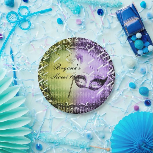 Groene & Paarse Maskerade Masker Mardi Gras Party Papieren Bordje (Feest)