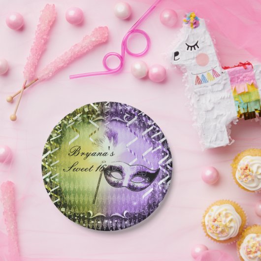 Groene & Paarse Maskerade Masker Mardi Gras Party Papieren Bordje (Feest)