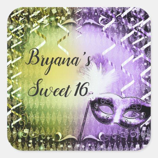 Groene & Paarse Maskerade Masker Mardi Gras Party Vierkante Sticker (Voorkant)