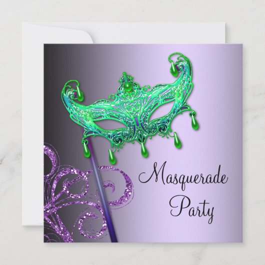 Groene paarse masquerade feest uitnodigingen (Voorkant)