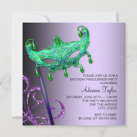 Groene Paarse Masquerade Party Uitnodigingen (Achterkant)