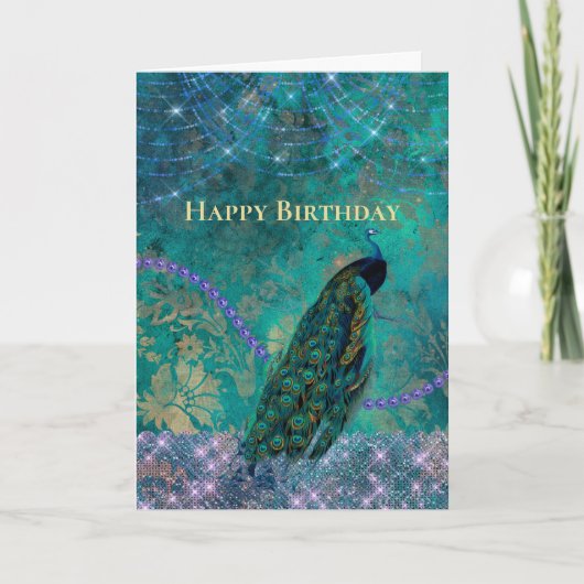  Groene Paarse Peacock Waterverf Birthday Kaart (Voorkant)