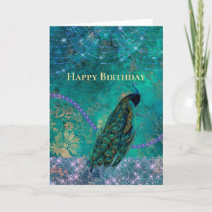 Groene Paarse Peacock Waterverf Birthday Kaart