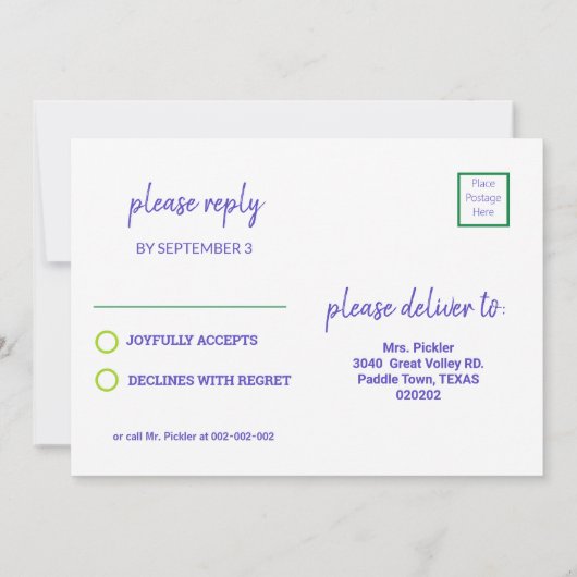 Groene + paarse pickleball Birthday party + RSVP i Kaart (Achterkant)