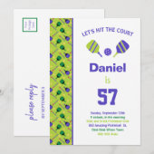 Groene + paarse pickleball Birthday party + RSVP i Kaart (Voorkant / Achterkant)
