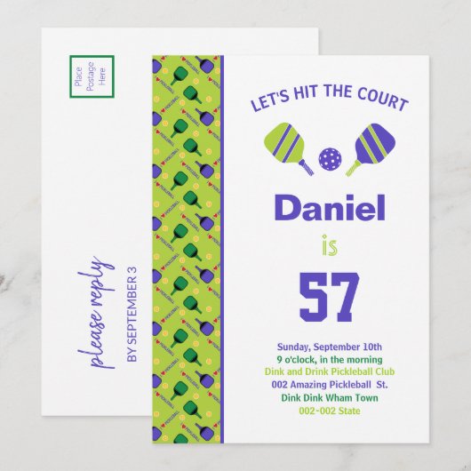 Groene + paarse pickleball Birthday party + RSVP i Kaart (Voorkant / Achterkant)