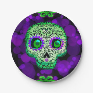 Groene & Paarse Suiker Schedel Gloeiend Halloween Papieren Bordje