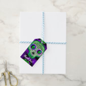 Groene & Paarse Suiker Schedel Lichtgevend Hallowe Cadeaulabel (Met Touw)