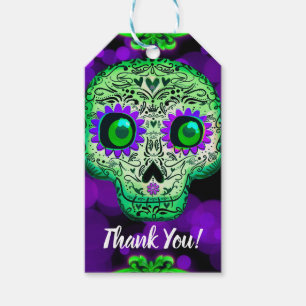 Groene & Paarse Suiker Schedel Lichtgevend Hallowe Cadeaulabel