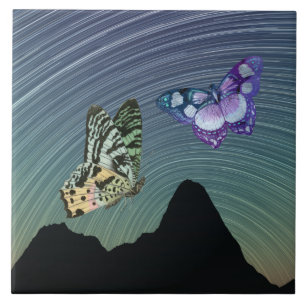 Groene Paarse vlinders en draaiende melkweg Tegeltje