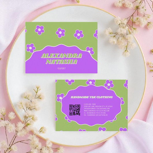 Groene Paarse Y2K Bloem Handgemaakte Kleding Visitekaartje