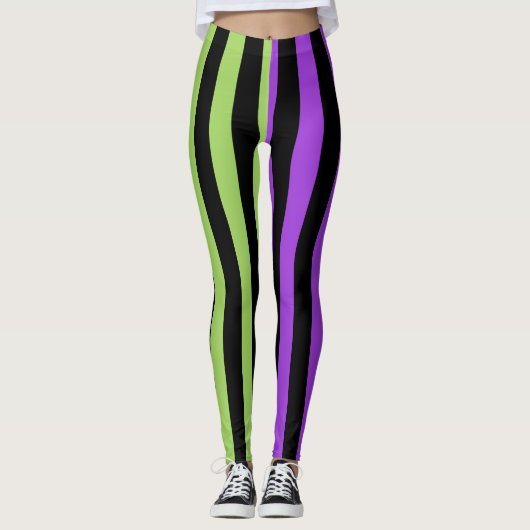 Groene Paarse & Zwarte Halloween Streep Leggings (Voorkant)