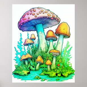 Groene paddenstoelen met een witte achtergrond op poster