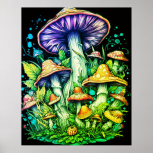Groene paddestoelen op een zwarte achtergrond aan poster