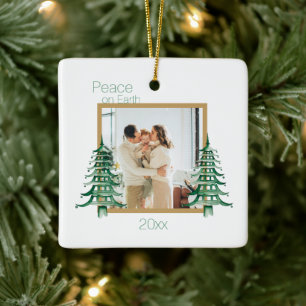 Groene Pagoda Kerstbomen 2Foto Vrede op Aarde Keramisch Ornament