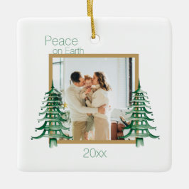Groene Pagoda Kerstbomen 2Foto Vrede op Aarde Keramisch Ornament
