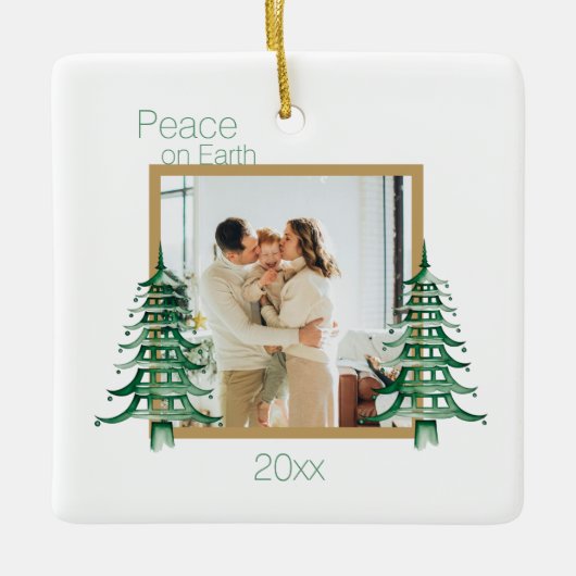 Groene Pagoda Kerstbomen 2Foto Vrede op Aarde Keramisch Ornament (Voorkant)