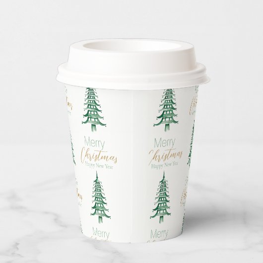 Groene Pagoda Kerstboom Patroon Papieren Bekers (Rechts)