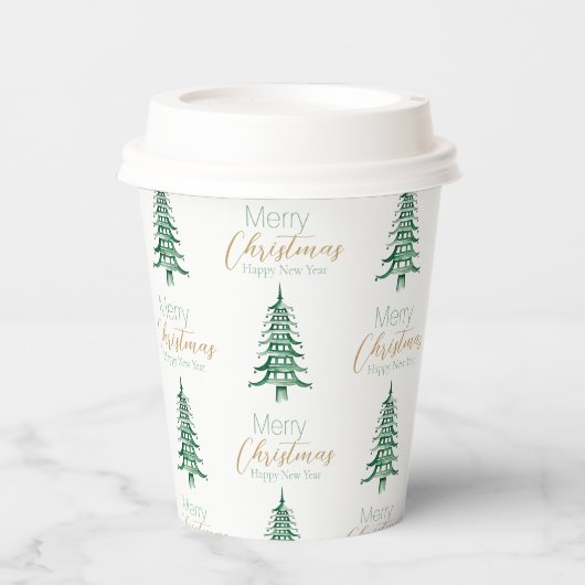 Groene Pagoda Kerstboom Patroon Papieren Bekers (Voorkant)