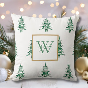 Groene Pagode Kerstboom Monogrammed Patroon Kussen