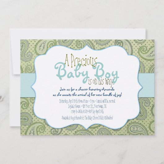Groene Paisley Baby Boy Shower Invitation Kaart (Voorkant)