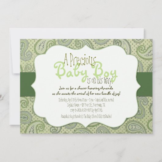 Groene Paisley Baby Boy Shower Invitation Kaart (Voorkant)