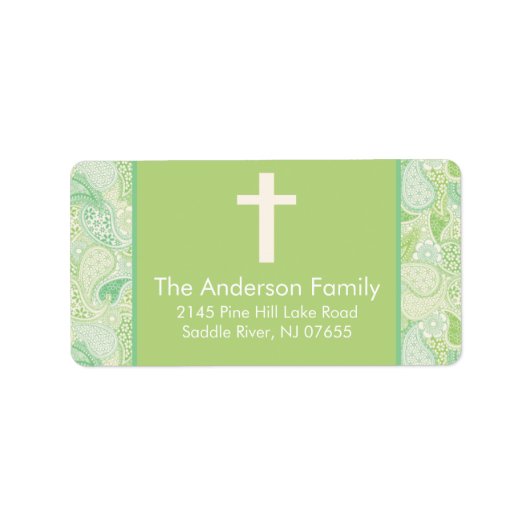 Groene Paisley Cross Religieus adres Label (Voorkant)