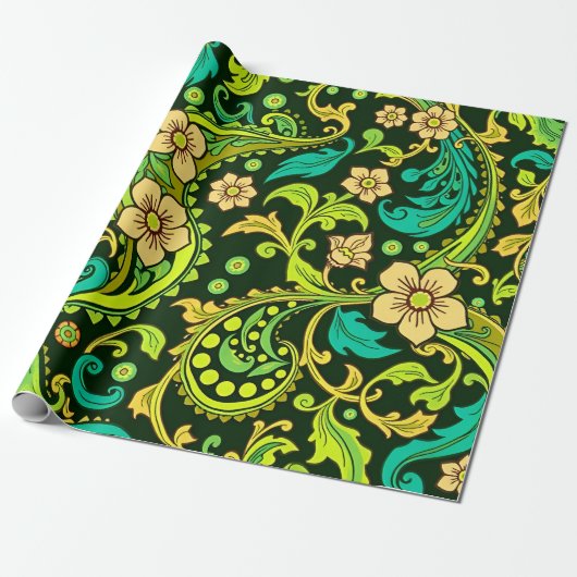 Groene paisleyprint cadeaupapier (Uitgerold)