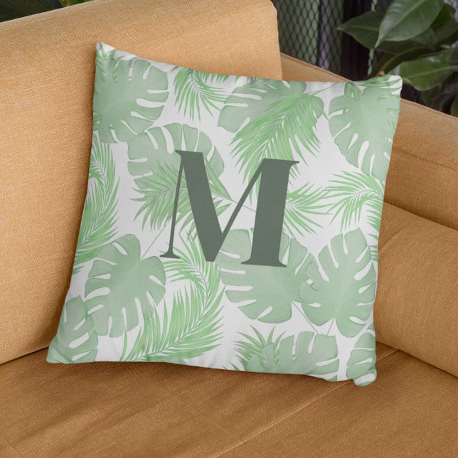 Groene Palm Bladeren Custom Monogram Kussen (palm leaves monogram pillow)