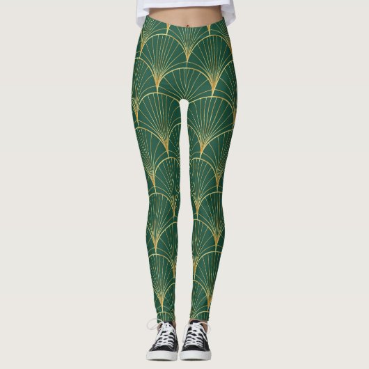 Groene Palm Leaf Art Deco Leggings (Voorkant)