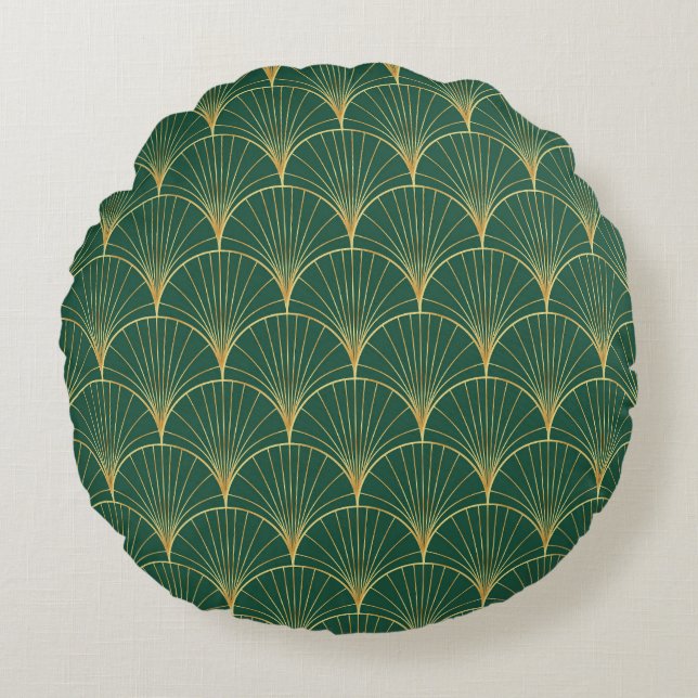 Groene Palm Leaf Art Deco Rond Kussen (Voorkant)