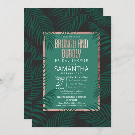 Groene Palm Tree Leaf Zwart Roos Gouden Brunch Bub Kaart (Voorkant / Achterkant)
