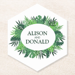 Groene palm verlaat trouwnamen kartonnen onderzetters