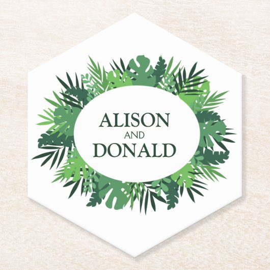 Groene palm verlaat trouwnamen kartonnen onderzetters (Voorkant)