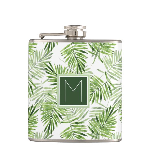 Groene palmbladeren | Monogram Heupfles (Voorkant)
