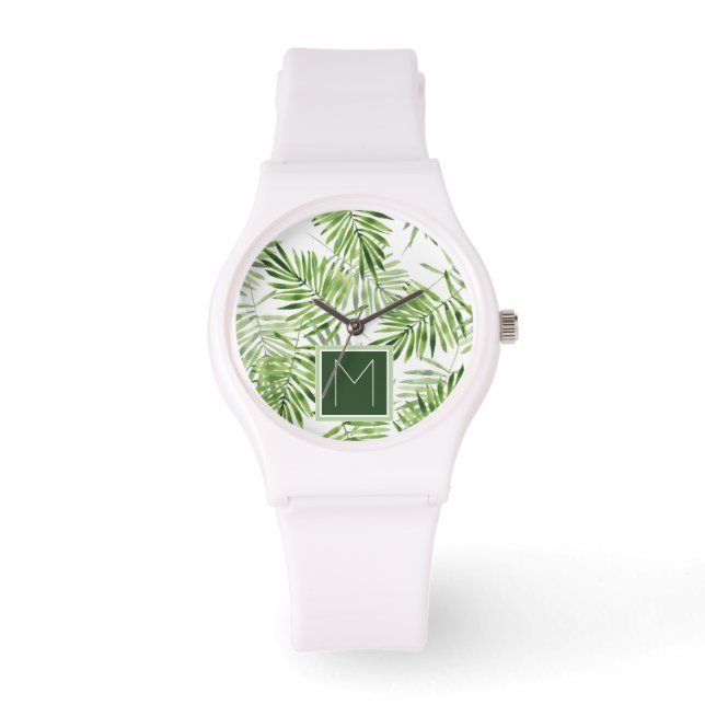 Groene palmbladeren | Monogram Horloge (Voorkant)
