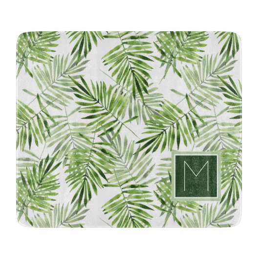 Groene palmbladeren | Monogram Snijplank (Voorkant)