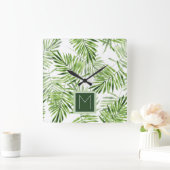 Groene palmbladeren | Monogram Vierkante Klok (Huis)