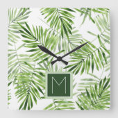 Groene palmbladeren | Monogram Vierkante Klok (Voorkant)