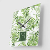 Groene palmbladeren | Monogram Vierkante Klok (Hoek)