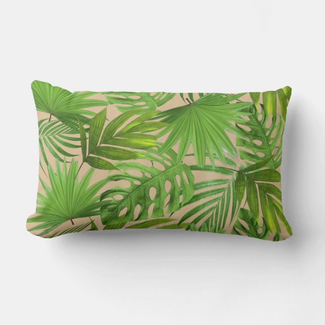 Groene palmbladeren op Beige Lumbar Pillow Kussen (Voorkant)