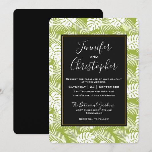 Groene palmbladeren regenwoudpatroonbruiloft kaart (Voorkant / Achterkant)