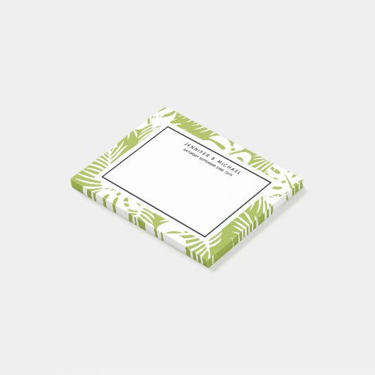 Groene palmbladeren regenwoudpatroonbruiloft post-it® notes (Schuin)