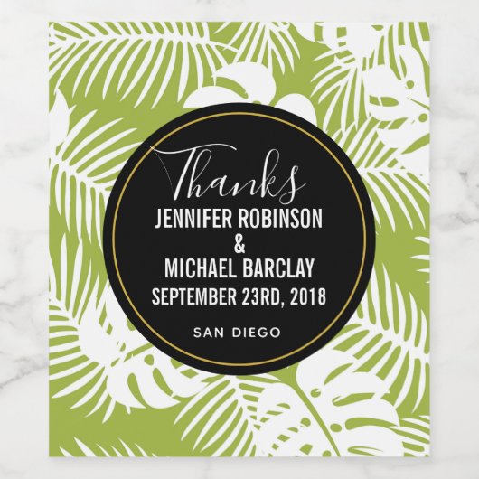 Groene palmbladeren Tropisch Patroon Bruiloft Beda Wijn Etiket (Enkel label)